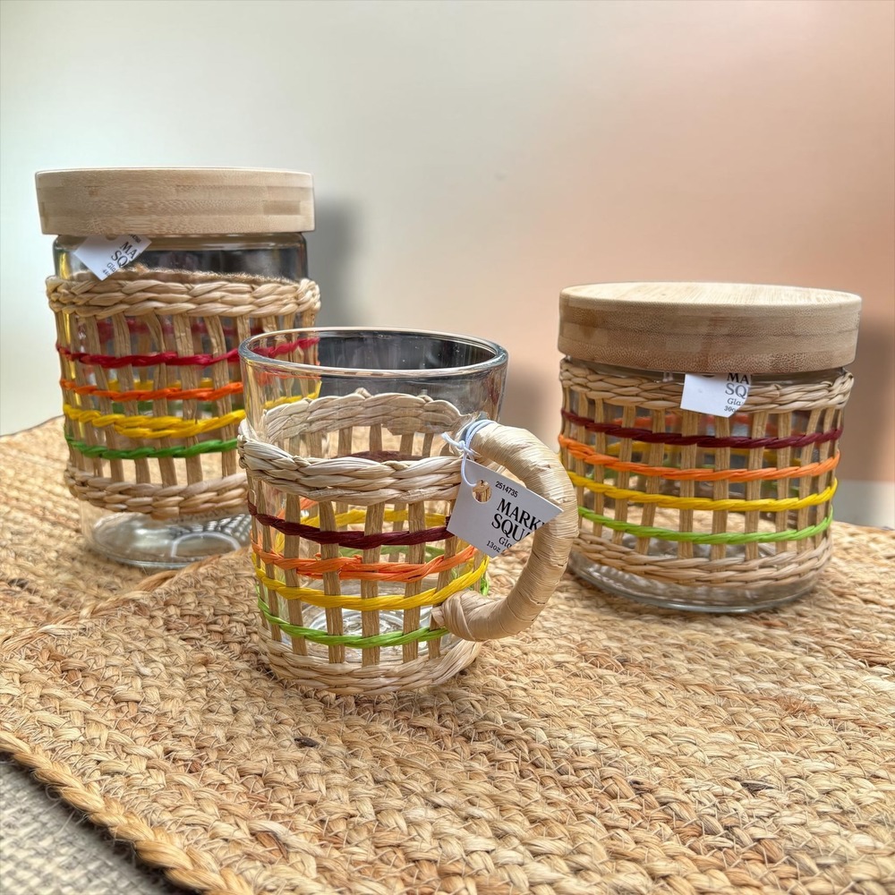 Market Square Rainbow Rattan Glass Canister Set & Mug 3pc Bamboo Lids